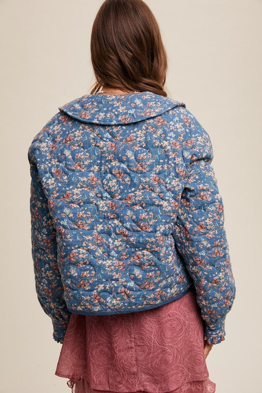 Floral Front Collar Heart Quilted Jacket