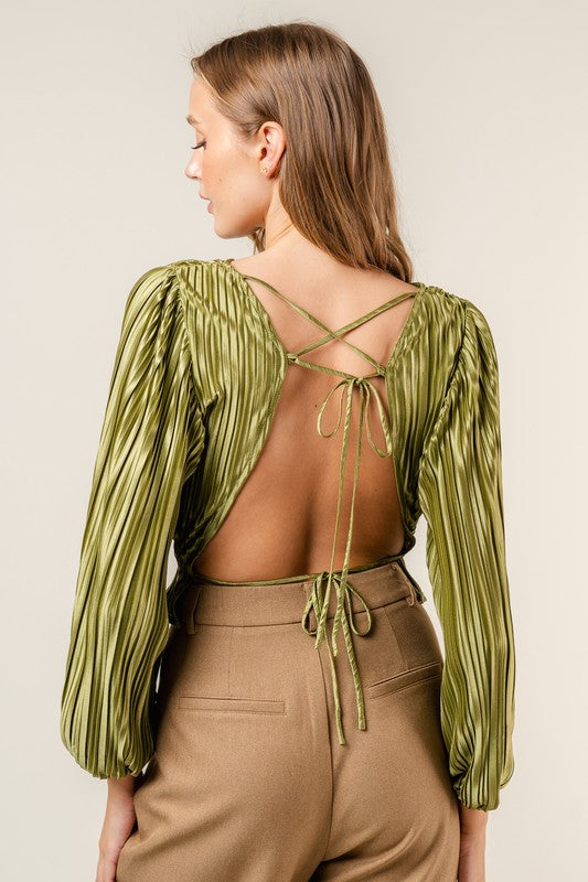 Green Pleated Open Back Blouse