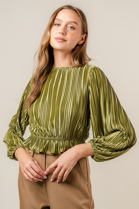 Green Pleated Open Back Blouse