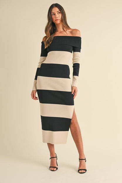 Cream/Black Stripe Midi Dress