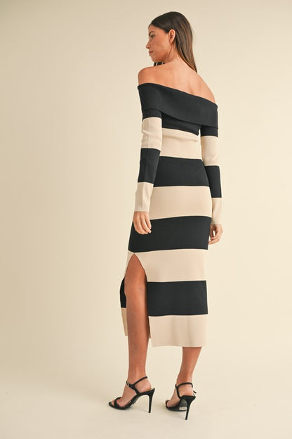 Cream/Black Stripe Midi Dress