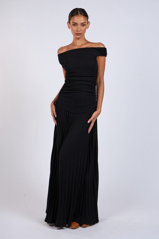 Black One Shoulder Pleated Maxi Dress