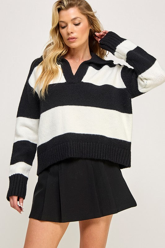 Black/White Stripe Polo Sweater