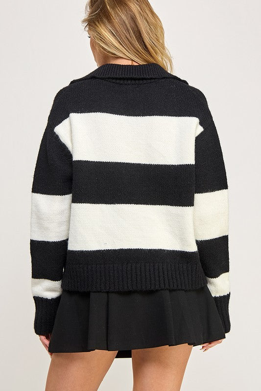 Black/White Stripe Polo Sweater