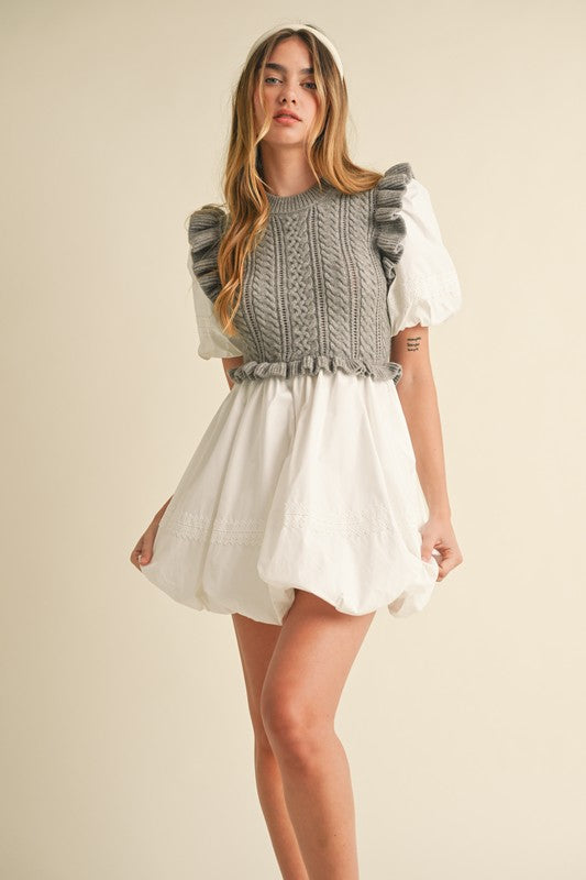 Grey Sweet Poplin Bubble Hem Mini Dress