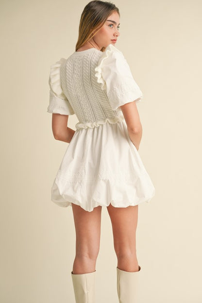 White Sweet Poplin Bubble Hem Mini Dress