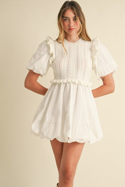 White Sweet Poplin Bubble Hem Mini Dress