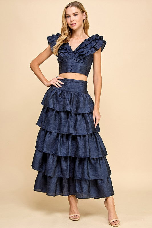 Navy Shimmer Ruffle Skirt Set