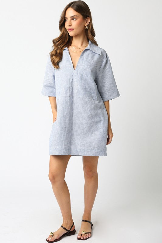 Blue Stripes Linen T-Shirt Dress (Restock)