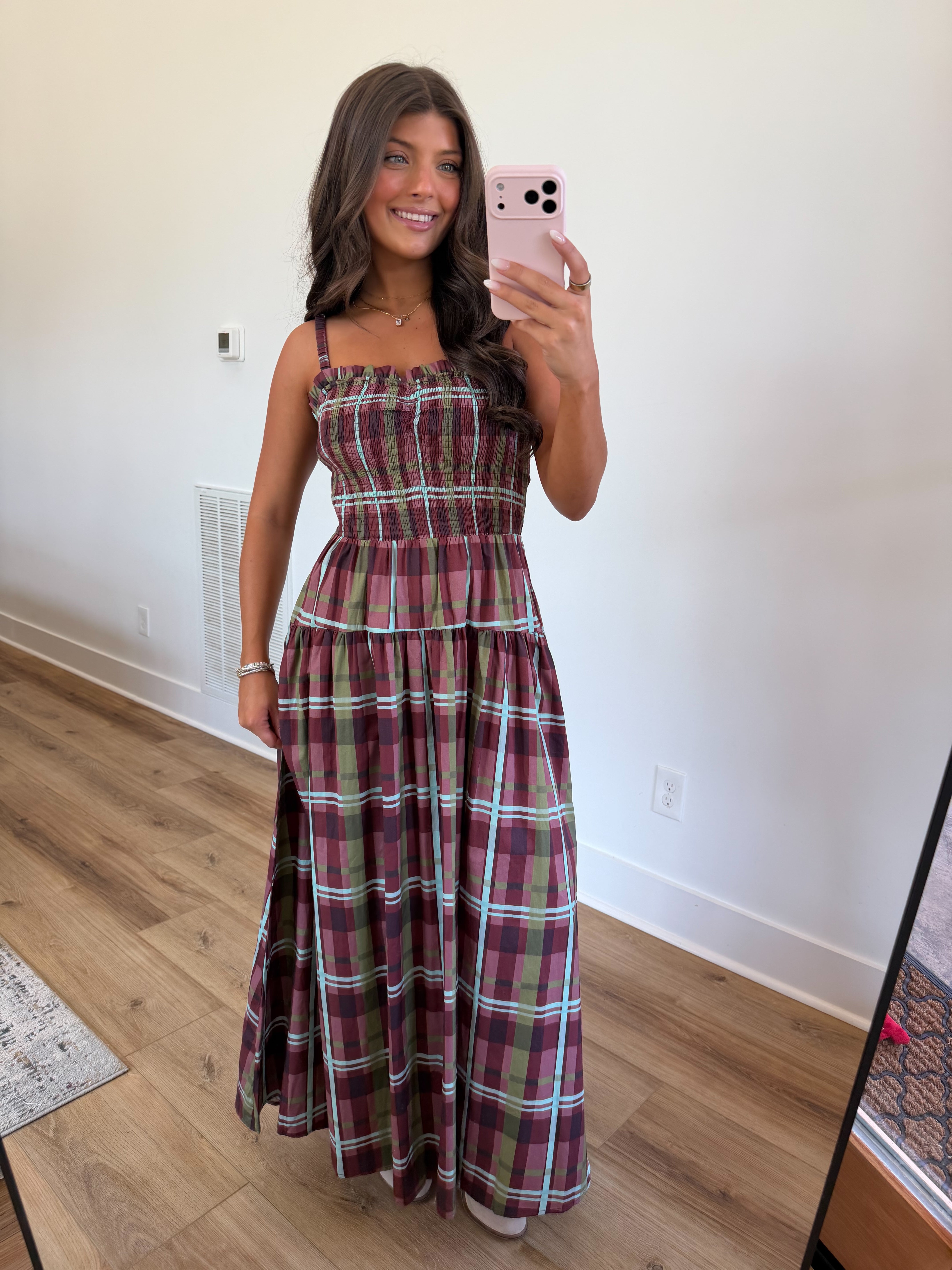 Burgundy Plaid Smocked Maxi Dress