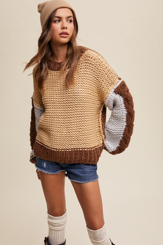 Crochet Chunk Knit Sweater (Taupe Multi)