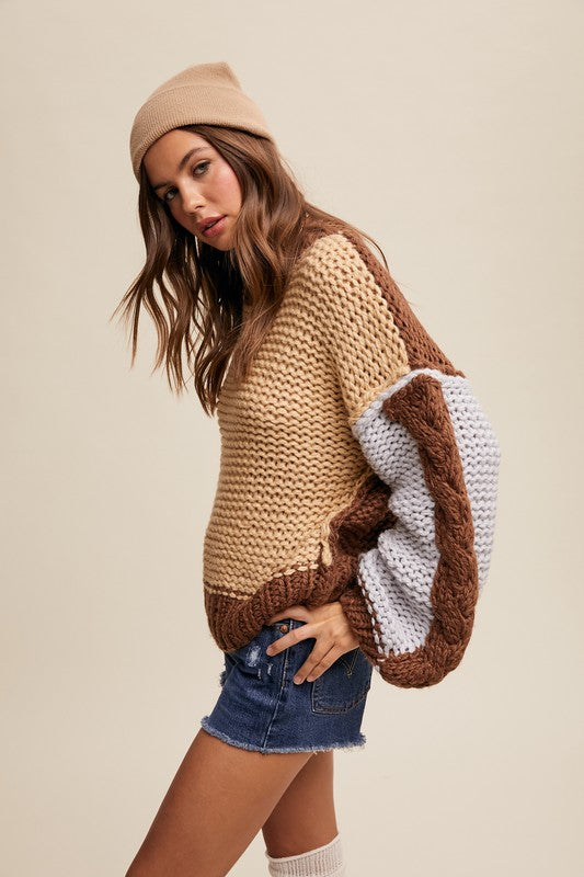 Crochet Chunk Knit Sweater (Taupe Multi)