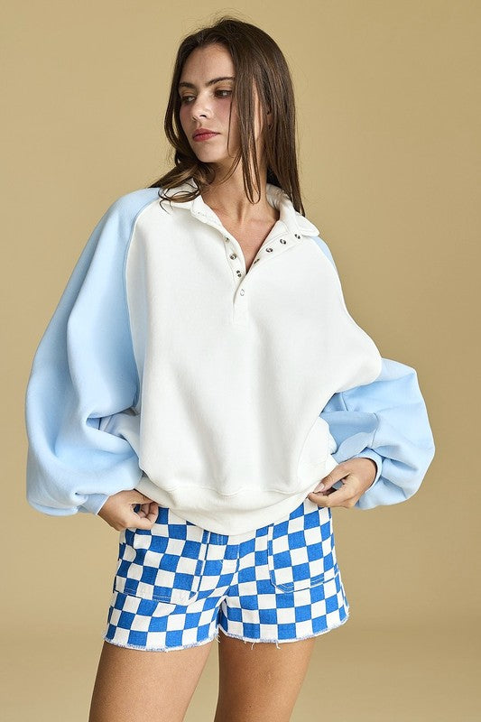 Blue Sleeve Snap Button Pullover