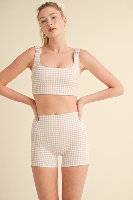 Beige Gingham Scrunched Bra