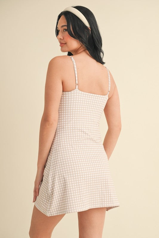Beige Gingham Sweetheart Dress