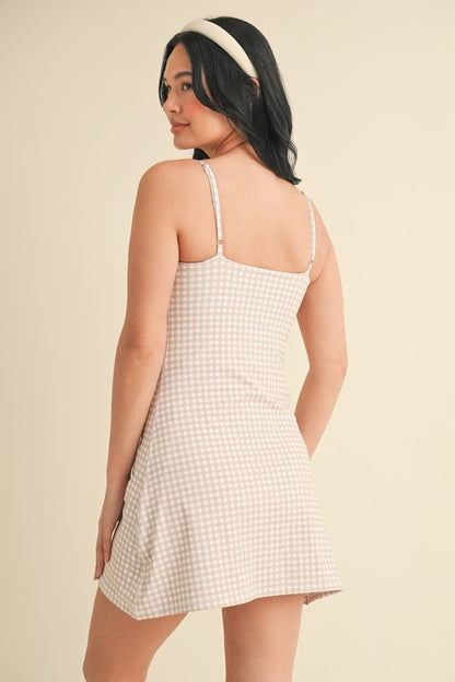 Beige Gingham Sweetheart Dress