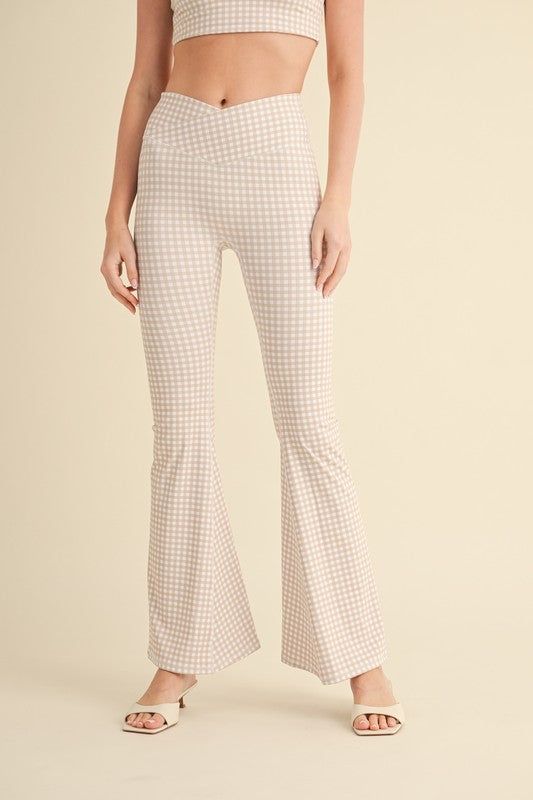 Beige Gingham High Waisted Cross Over Leggings