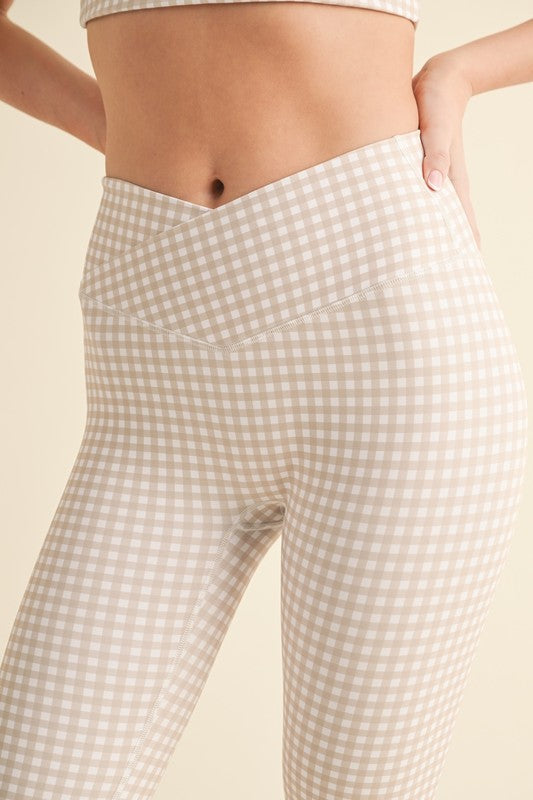Beige Gingham High Waisted Cross Over Leggings