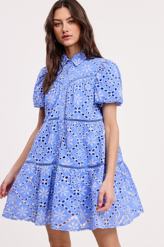Blue Daisy Eyelet Mini Dress