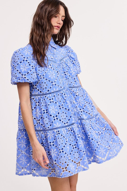 Blue Daisy Eyelet Mini Dress