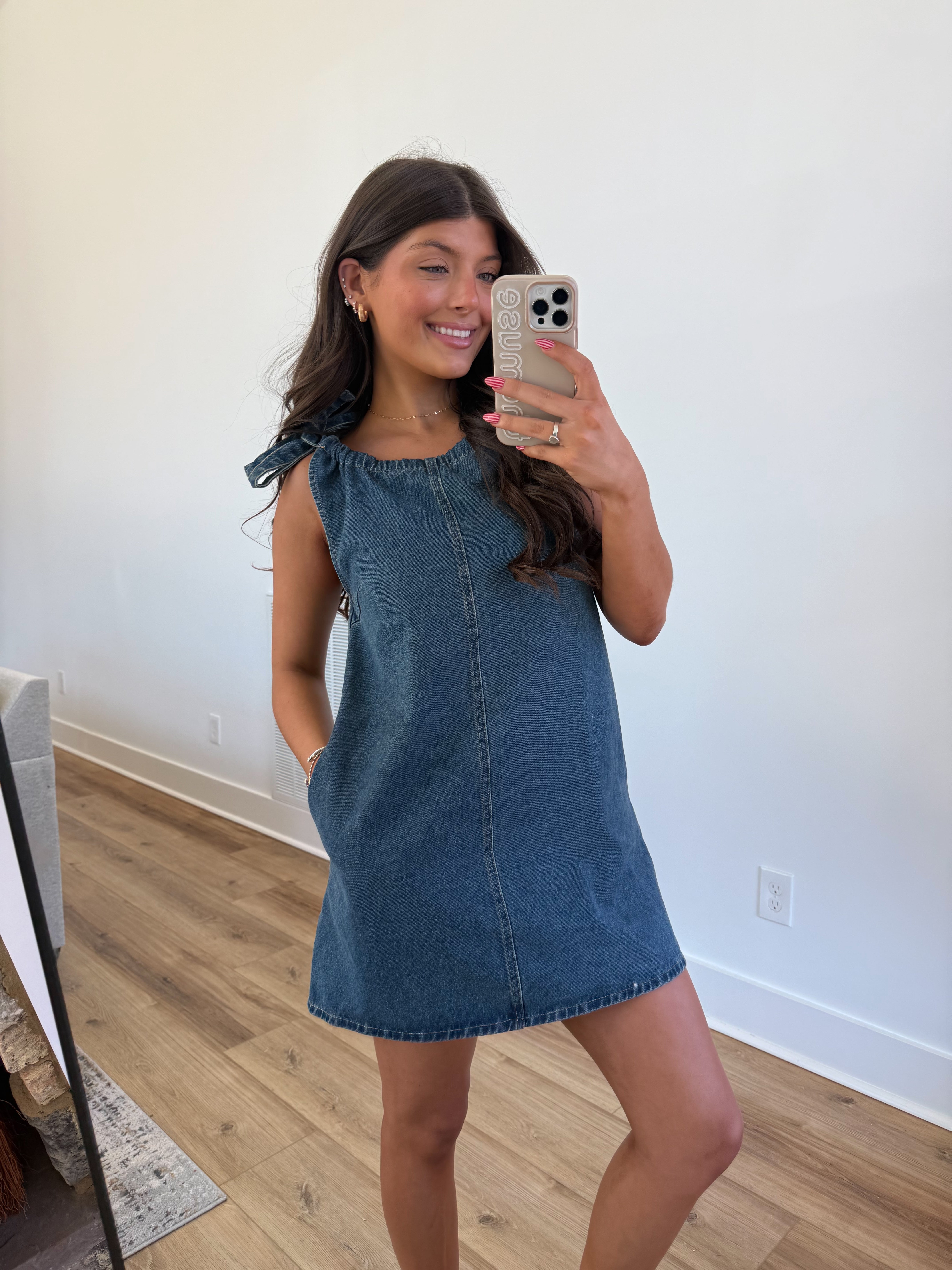 Tie Shoulder Denim Dress