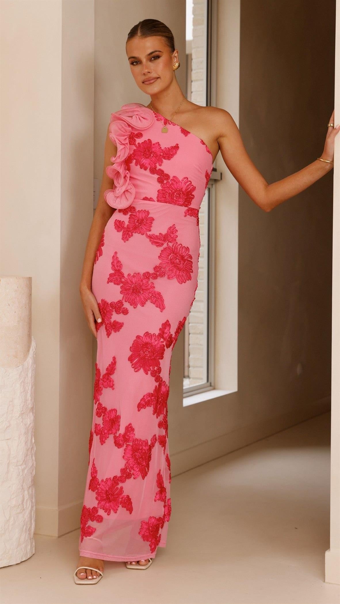 Pink Petals Ruffle Shoulder Maxi