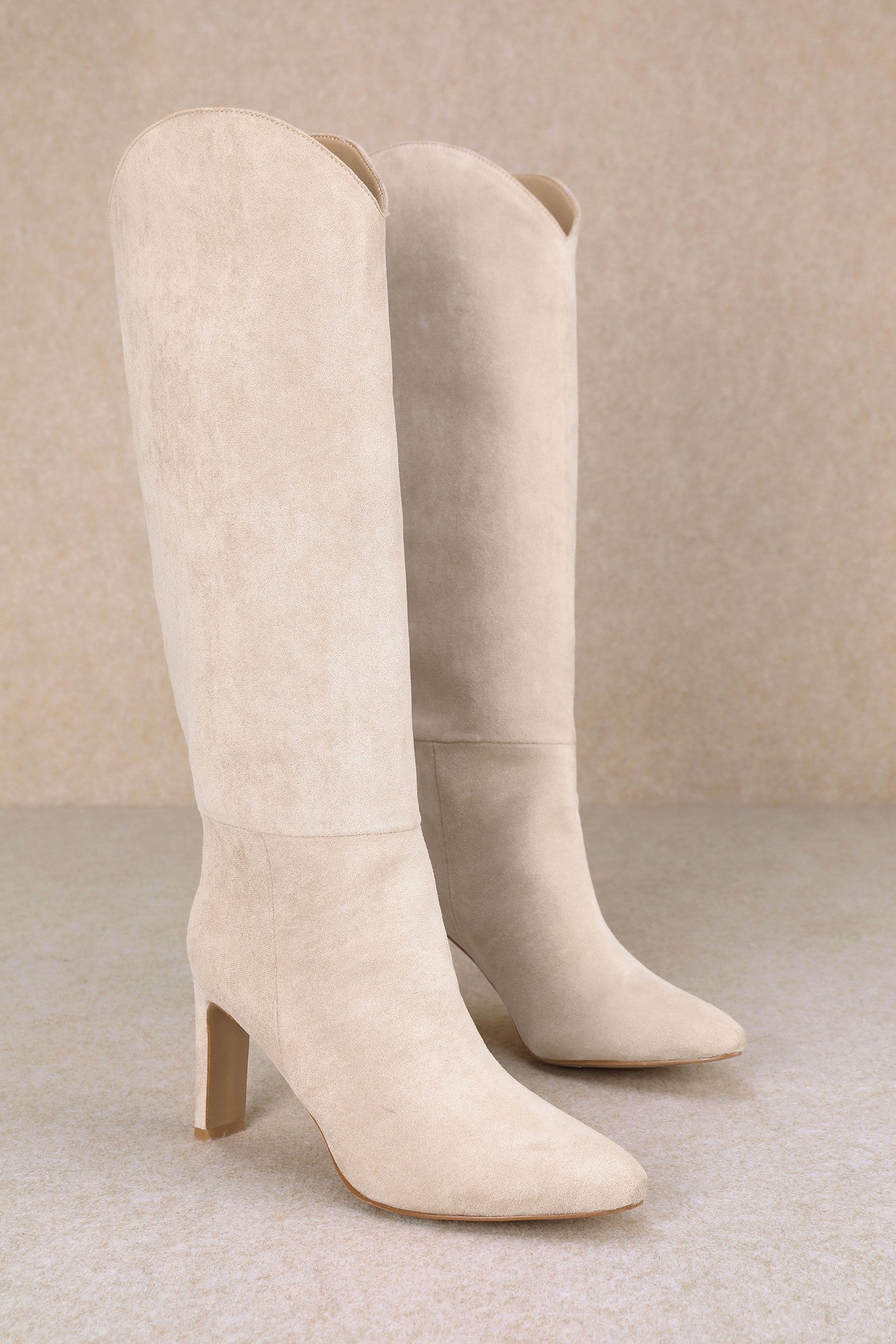 Beige Suede Stiletto Knee High Boot
