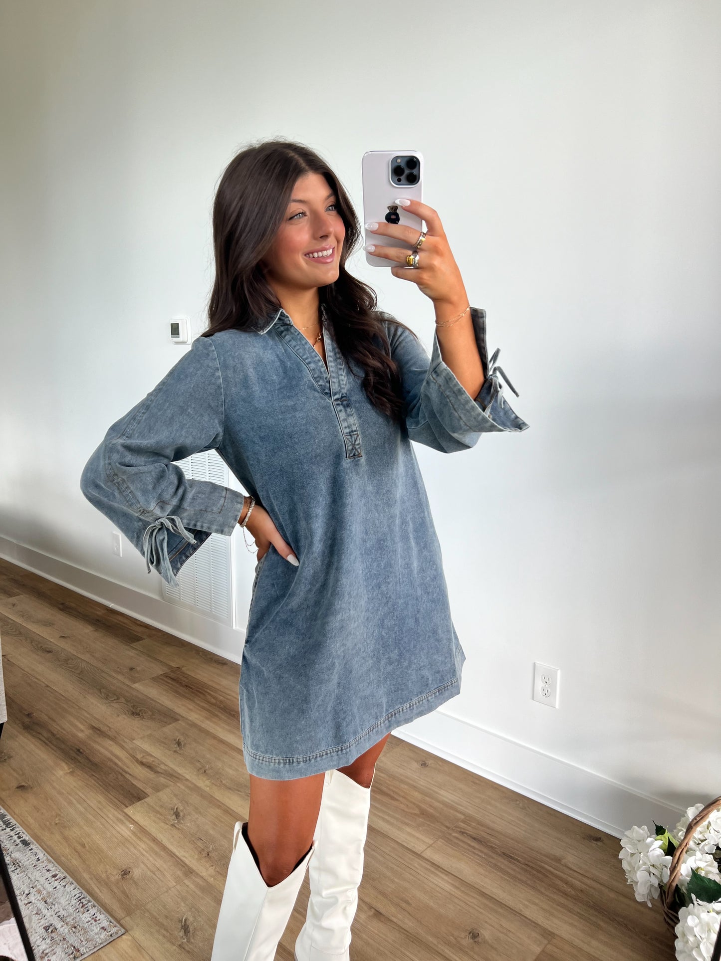 Denim Bow Sleeve Proper Dress (Restock)