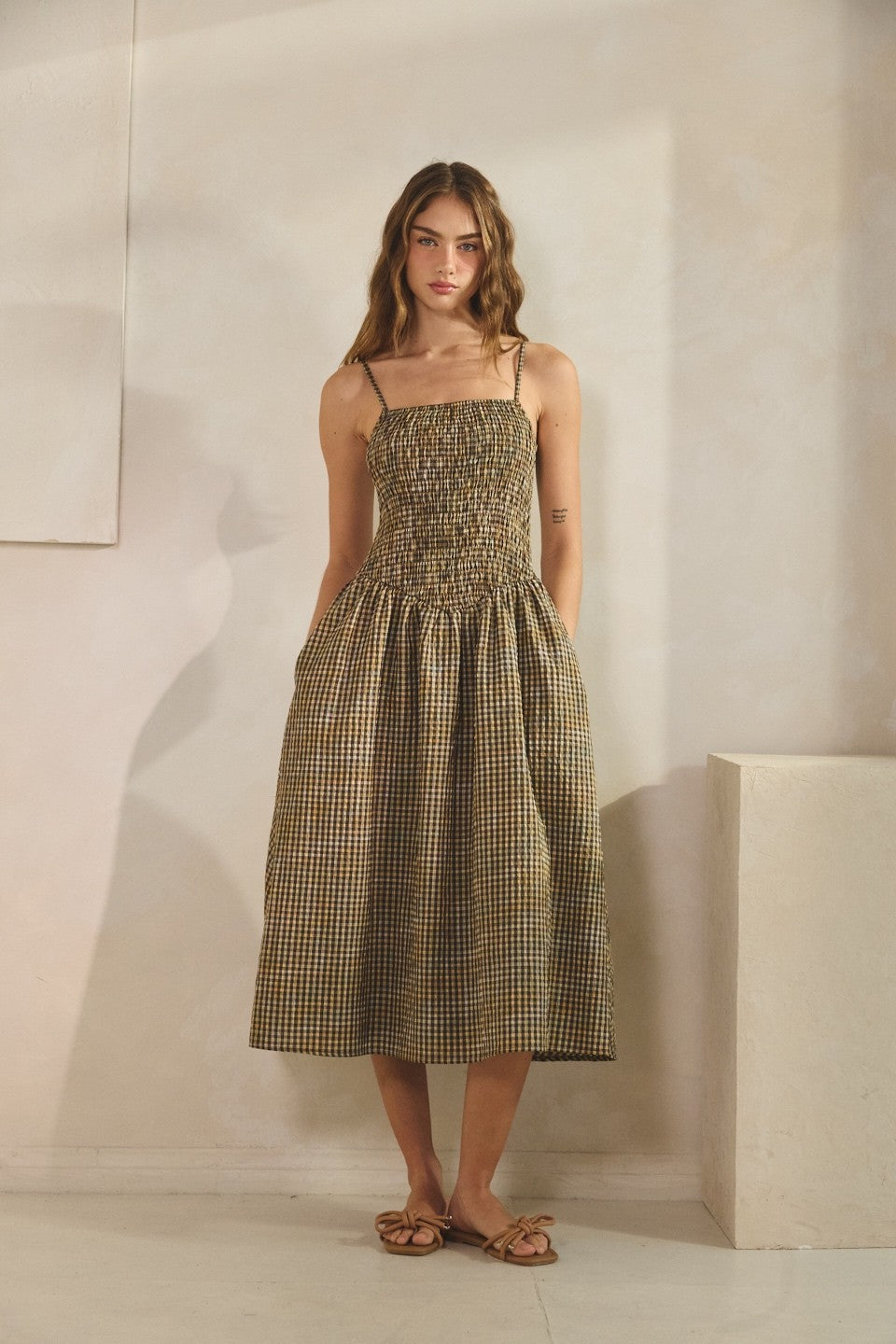 Brown Gingham Drop Waist Midi