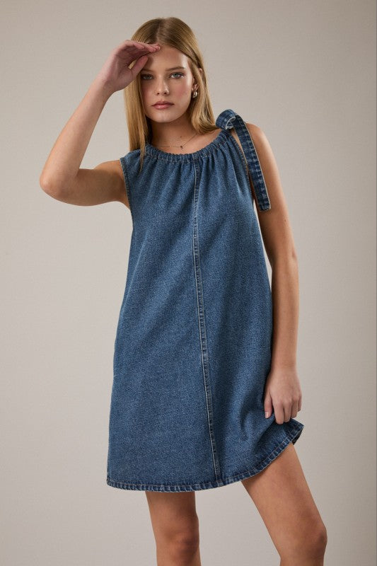 Tie Shoulder Denim Dress