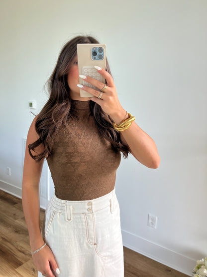 Brown Mock Neck Lace Top