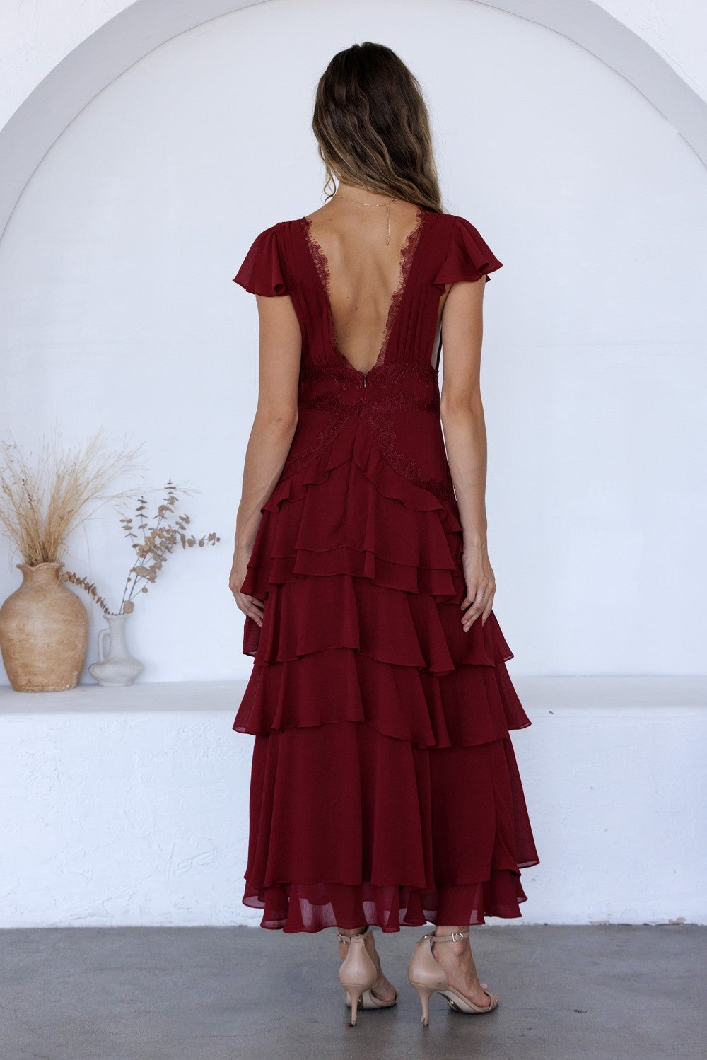 Burgundy Lace Trim Tiered Ruffle Maxi Dress