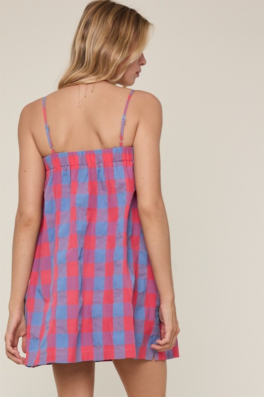 Electric Gingham Mini Dress (Cherry/Blue)