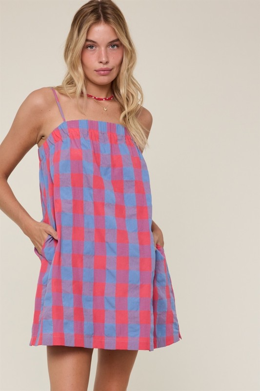 Electric Gingham Mini Dress (Cherry/Blue)