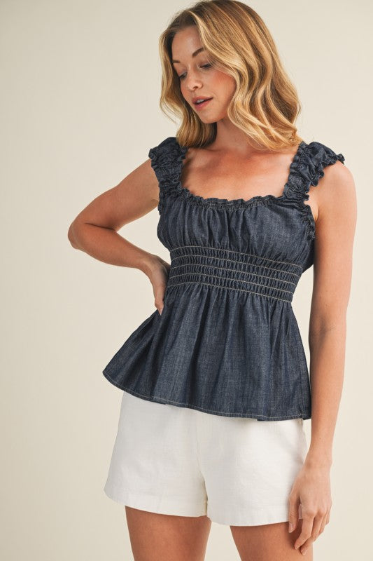 Denim Smocked Peplum Top
