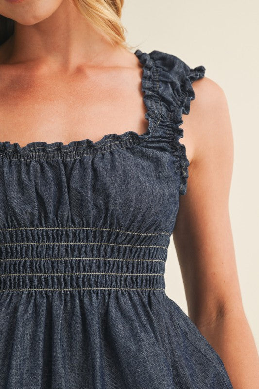 Denim Smocked Peplum Top