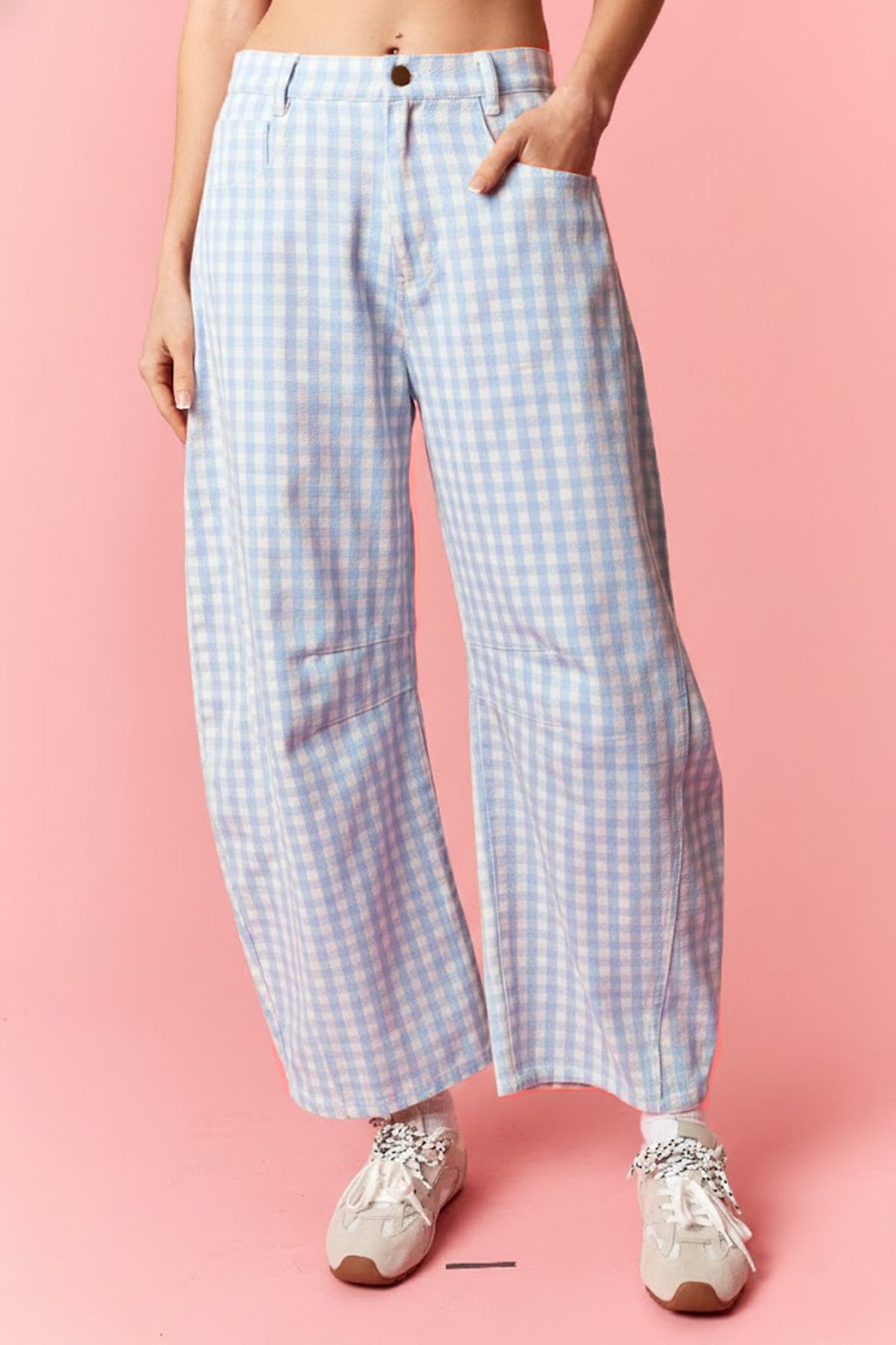 Blue Gingham Barrel Jeans