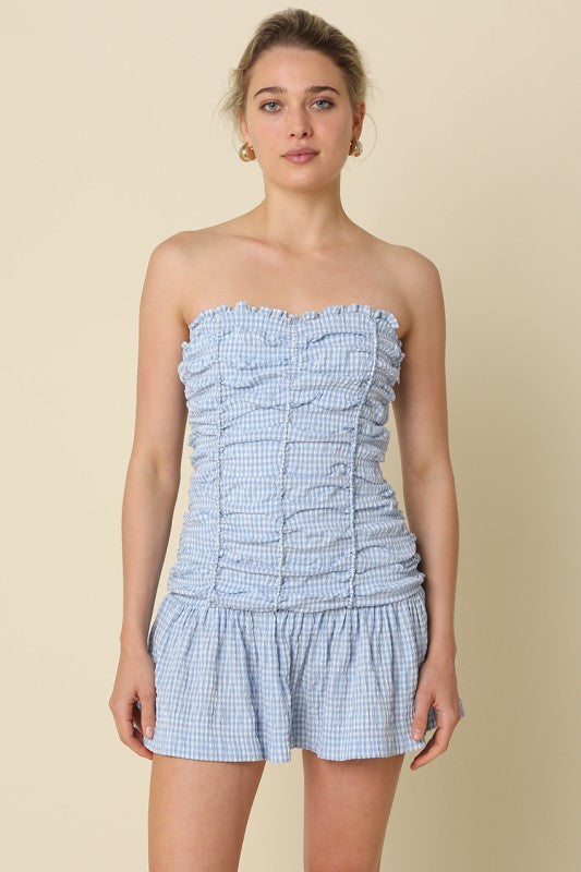 Blue Gingham Ruched Mini Dress (PETITE)