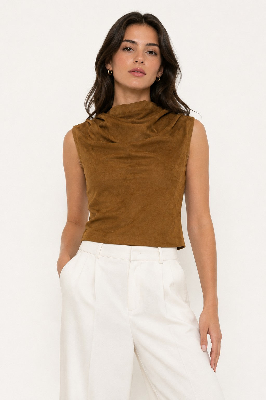 Camel Suede Cowl Neck Top