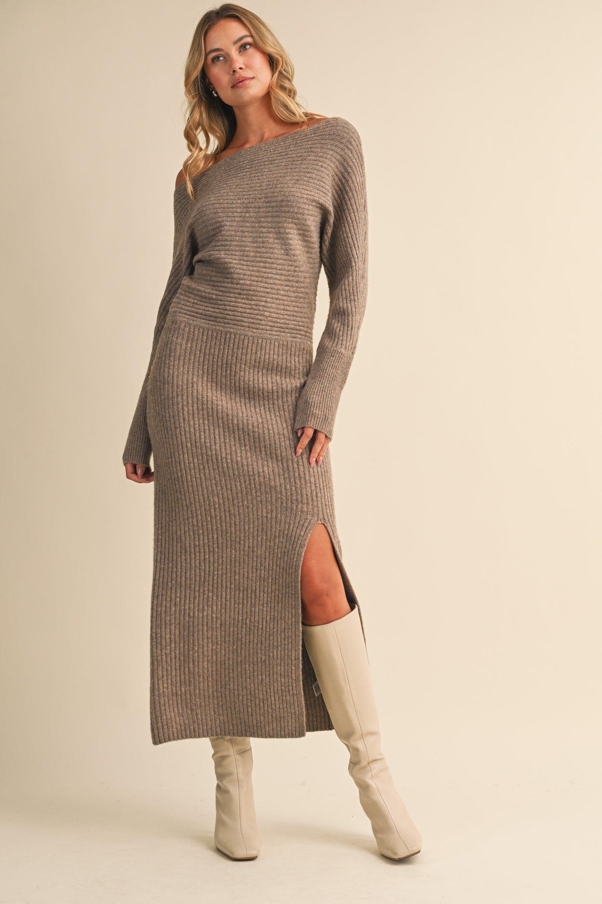 Taupe Ribbed Sweater Maxi Dress