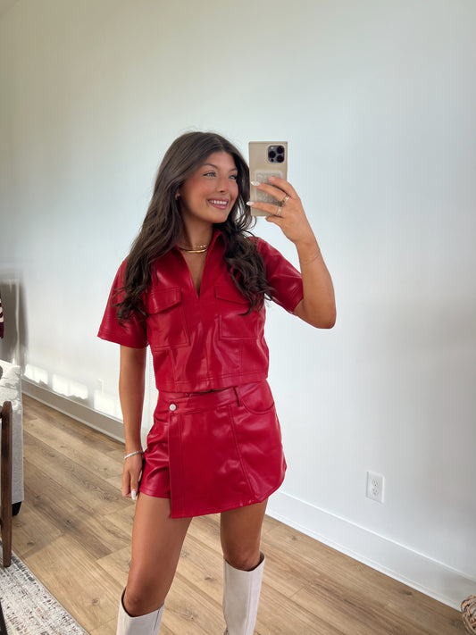 Red Leather Asymmetrical Skort Set