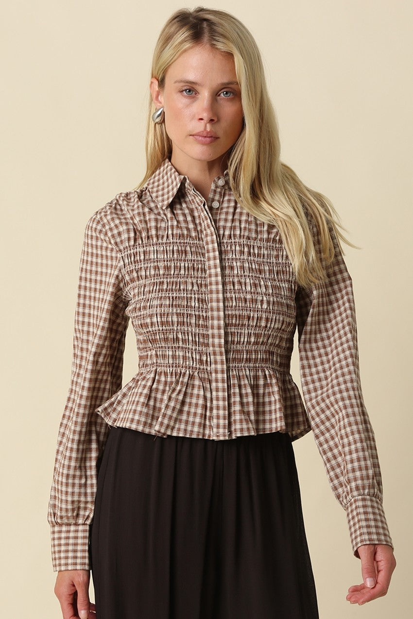 Brown Plaid Smocked Peplum Top