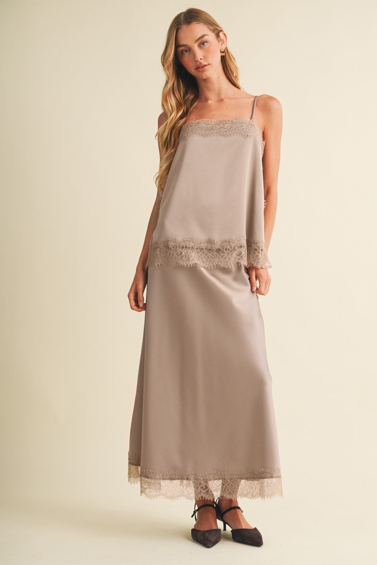 Taupe Satin Lace Trim Set