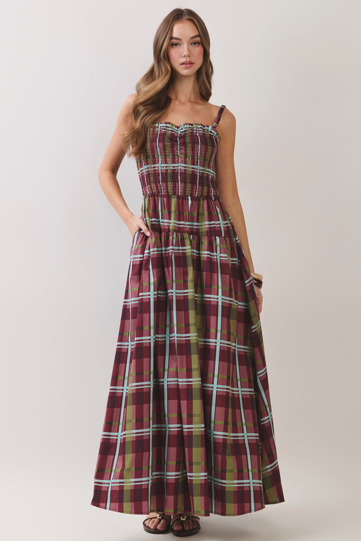 Burgundy Plaid Smocked Maxi Dress