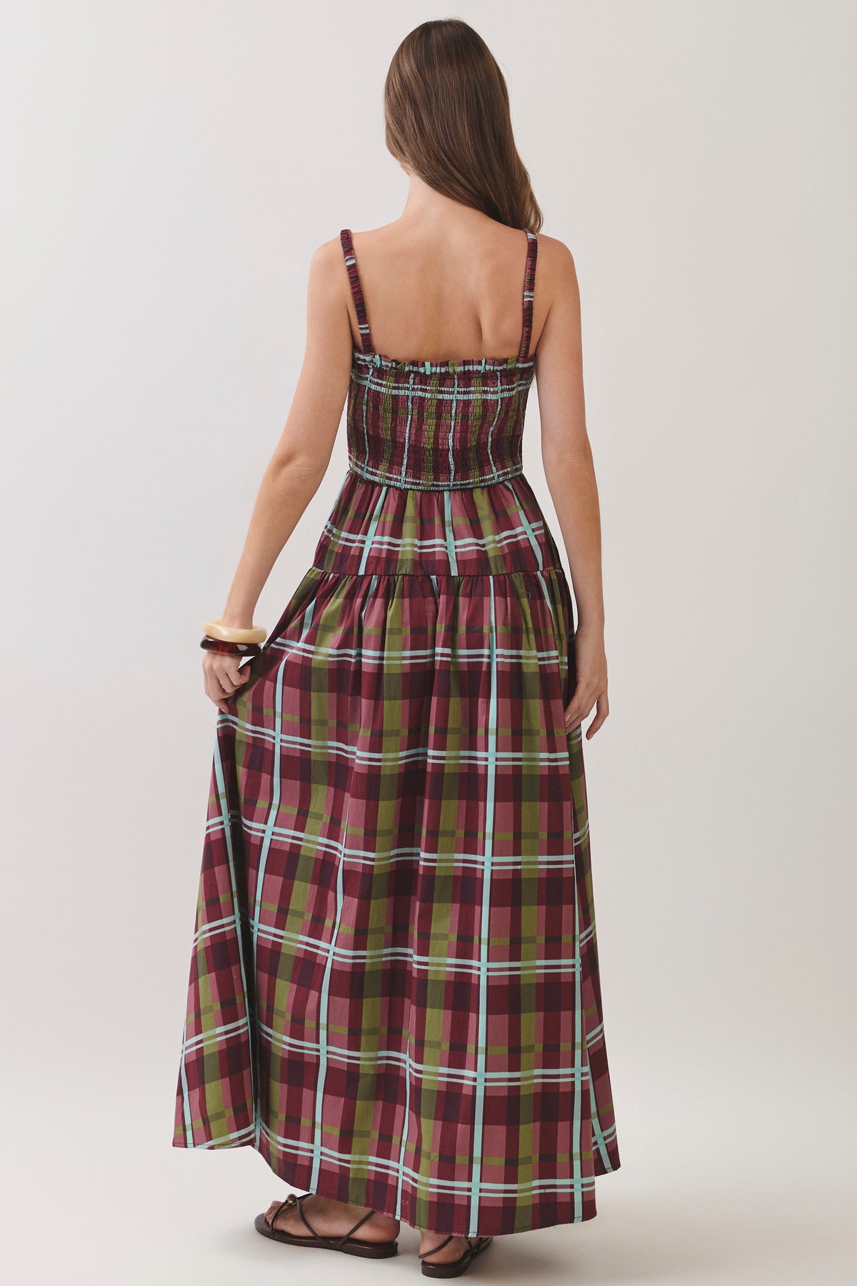 Burgundy Plaid Smocked Maxi Dress