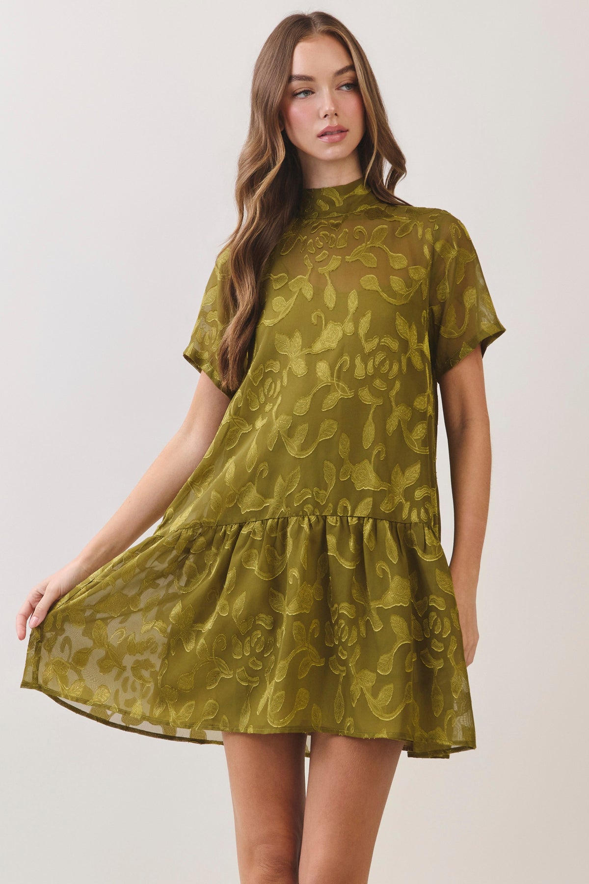 Olive Floral Jacquard Mini Dress