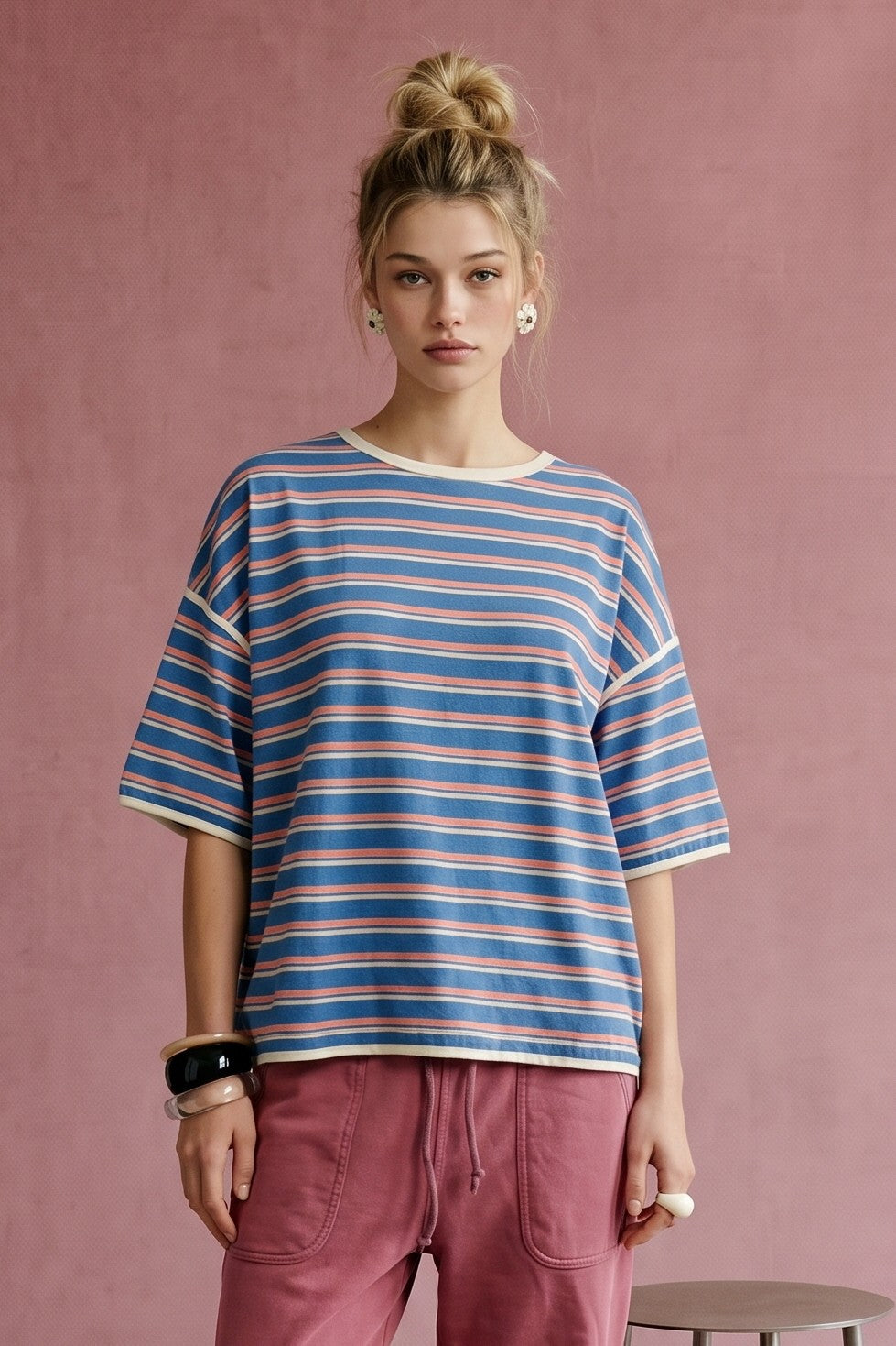 Retro Stripe Tee (Denim/Orange)