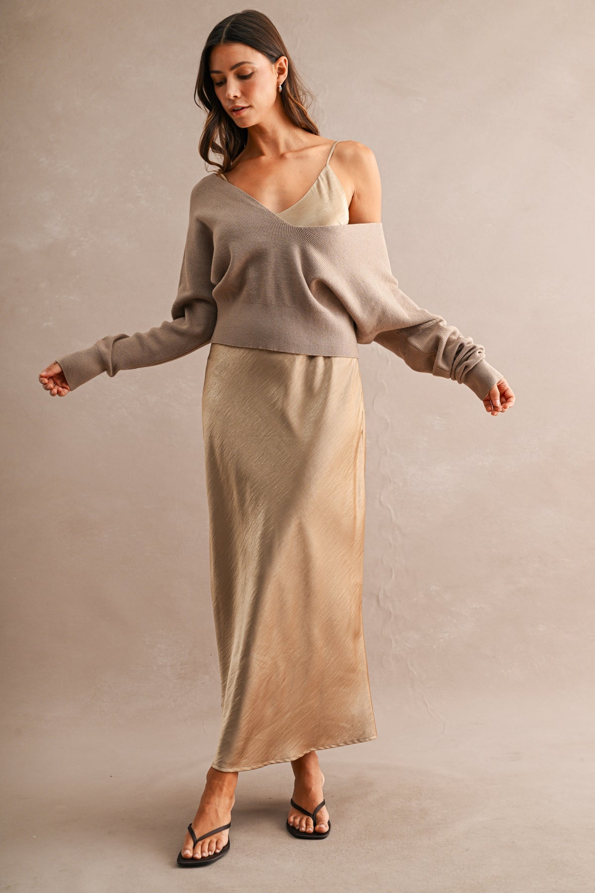 Taupe Satin Slip Dress & Knit Sweater Set