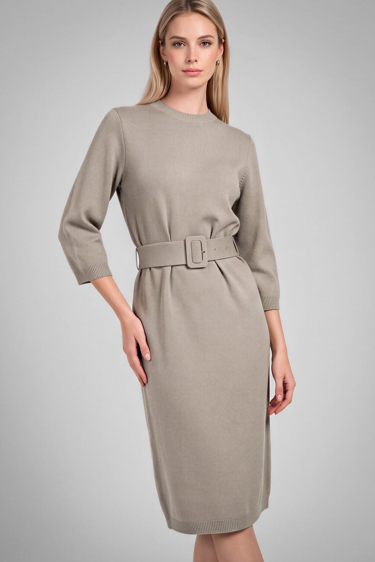 Timeless Belted Midi Dress (Beige)