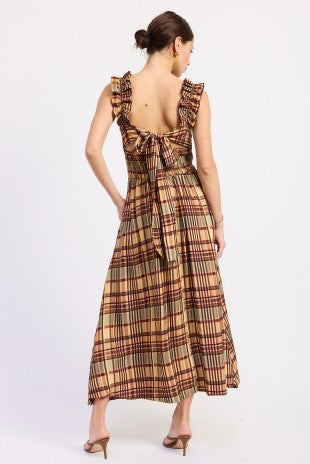 Fall Plaid Ruffle Strap Midi Dress